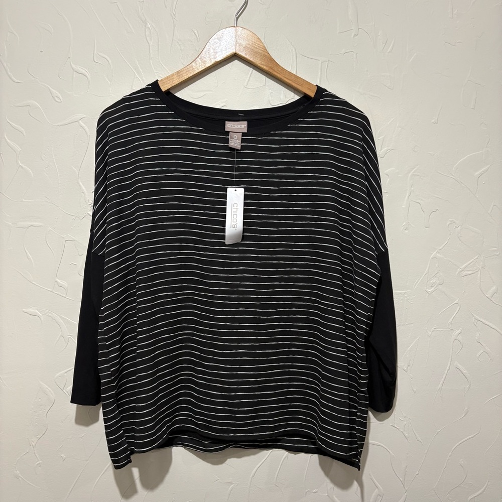 NWT Chico’s black/white striped 3/4 sleeve blouse (size 0/small)